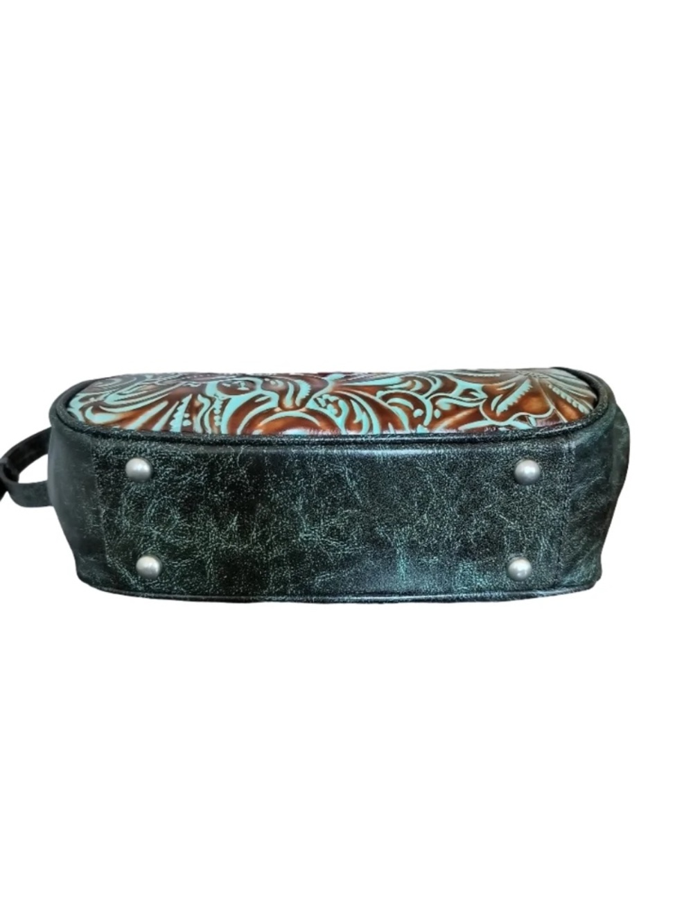 Patricia Nash Turquoise and Brown Tooled Leather Satchel Bag - Picture 7 of 7